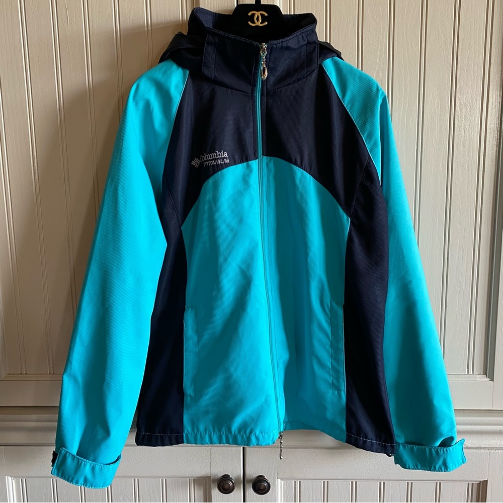 Women Columbia Titanium Full ZipLightweight Jacket Green Navy Blue Outdoor SZ L
